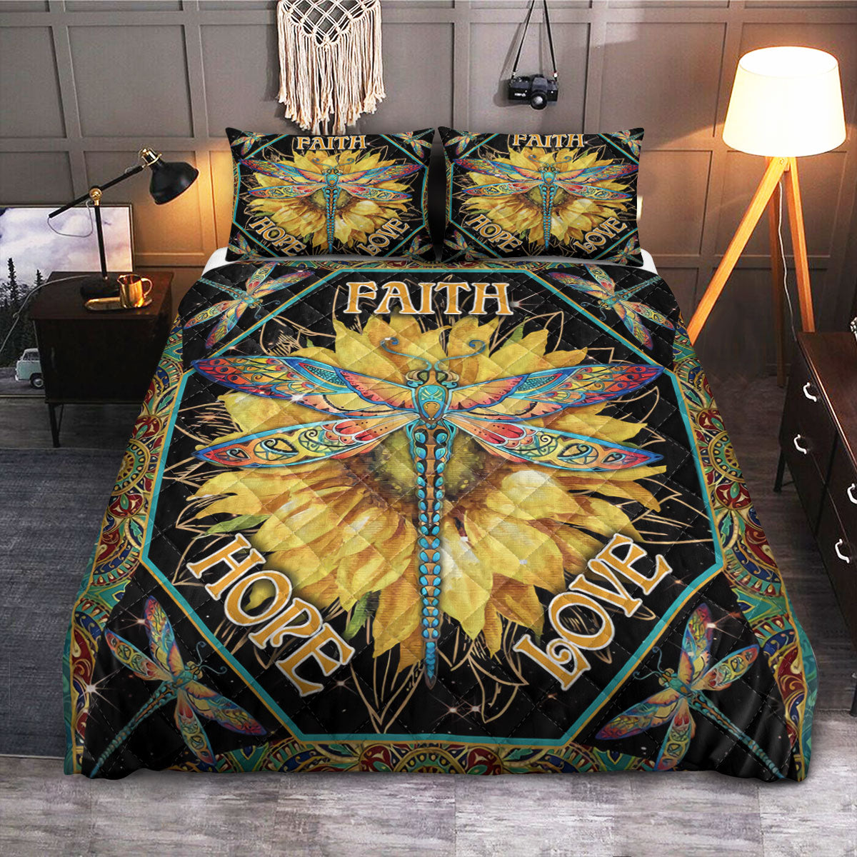 Dragonfly Faith Love Hope  Quilt Bedding Set
