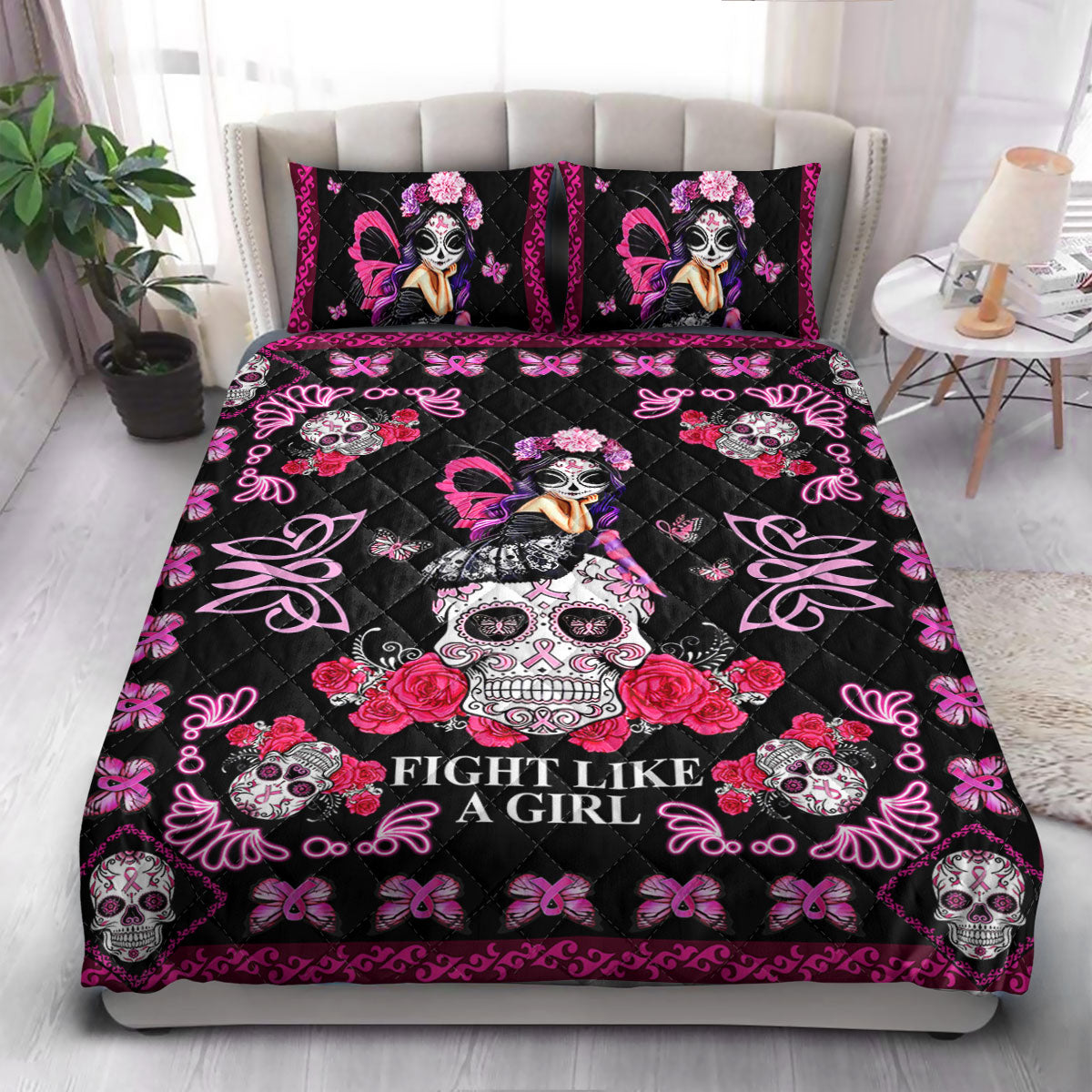 Skull Fight Like A Girl  Quilt Bedding Set