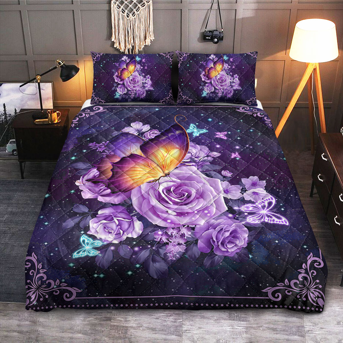 Butterfly Purple Flowers  Quilt Bedding Set