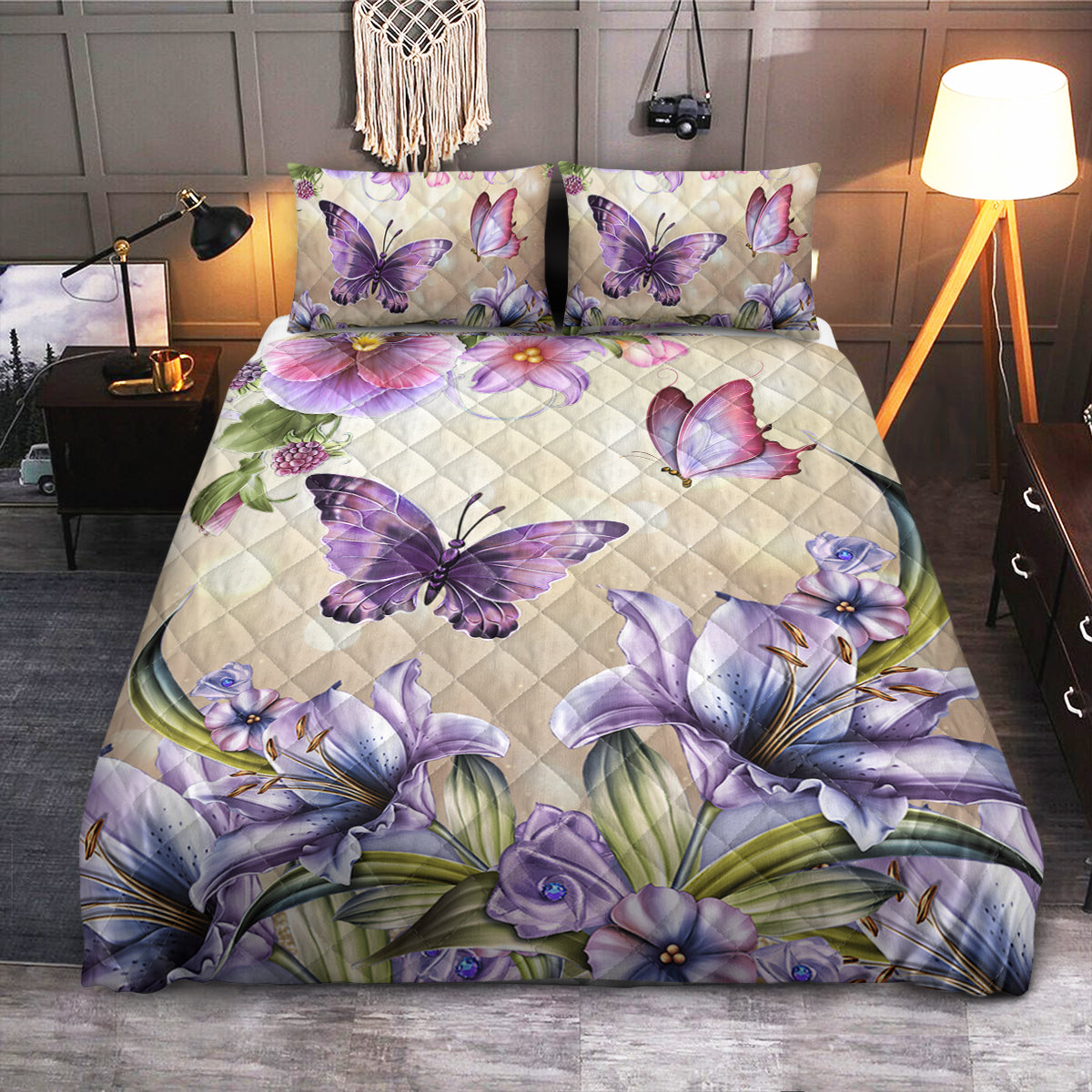 Butterfly Purple Flowers  Quilt Bedding Set