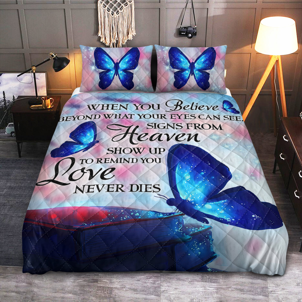 Butterfly Memorial Blue  Quilt Bedding Set