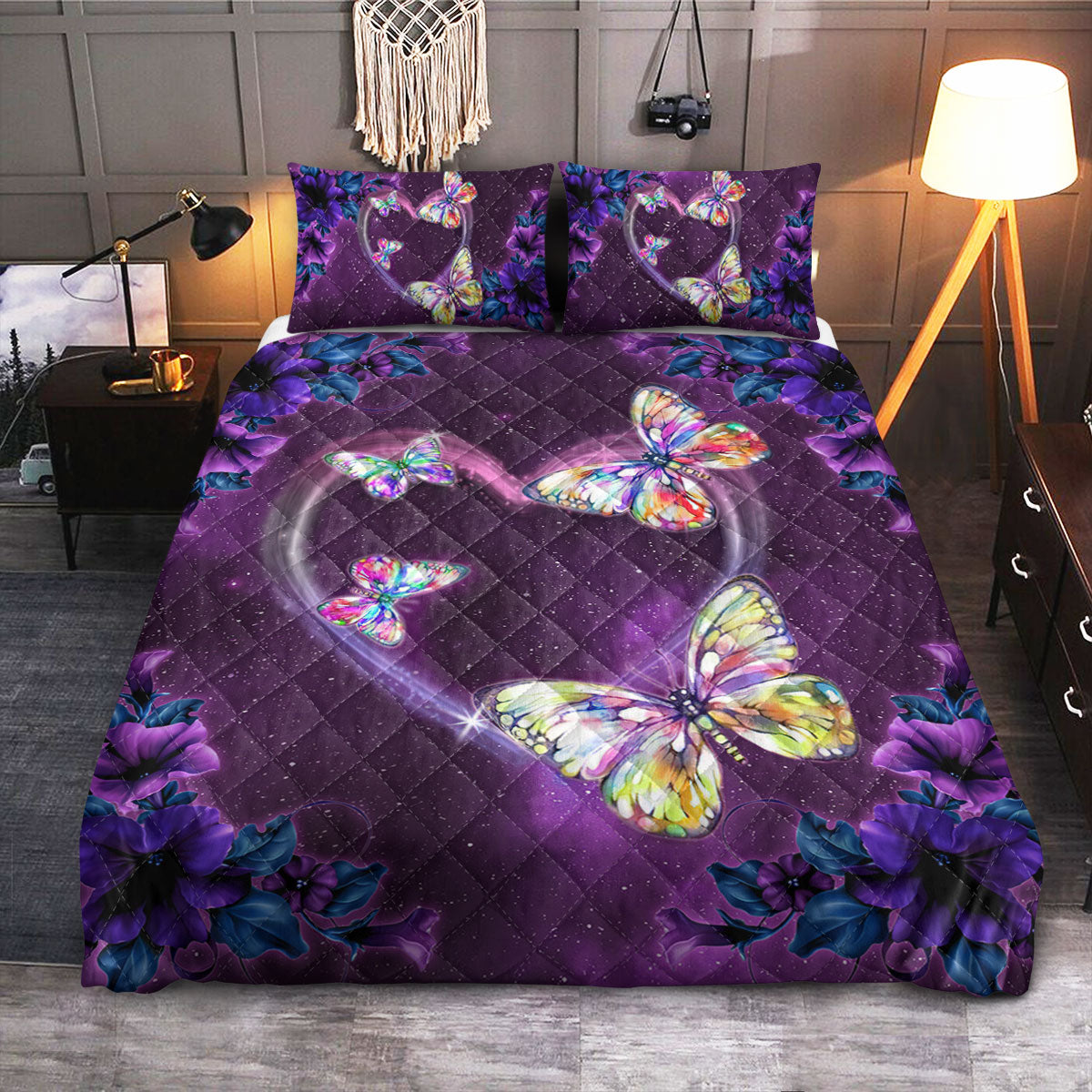 Butterfly Purple Flowers Lover  Quilt Bedding Set