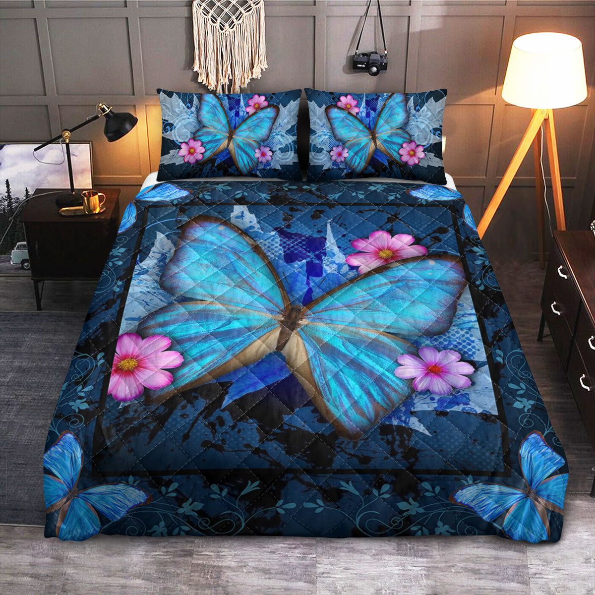 Butterfly Beautiful Blue  Quilt Bedding Set