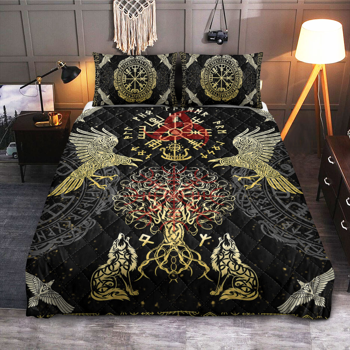 Viking Vegvisir Yggdrasil Wolf  Quilt Bedding Set