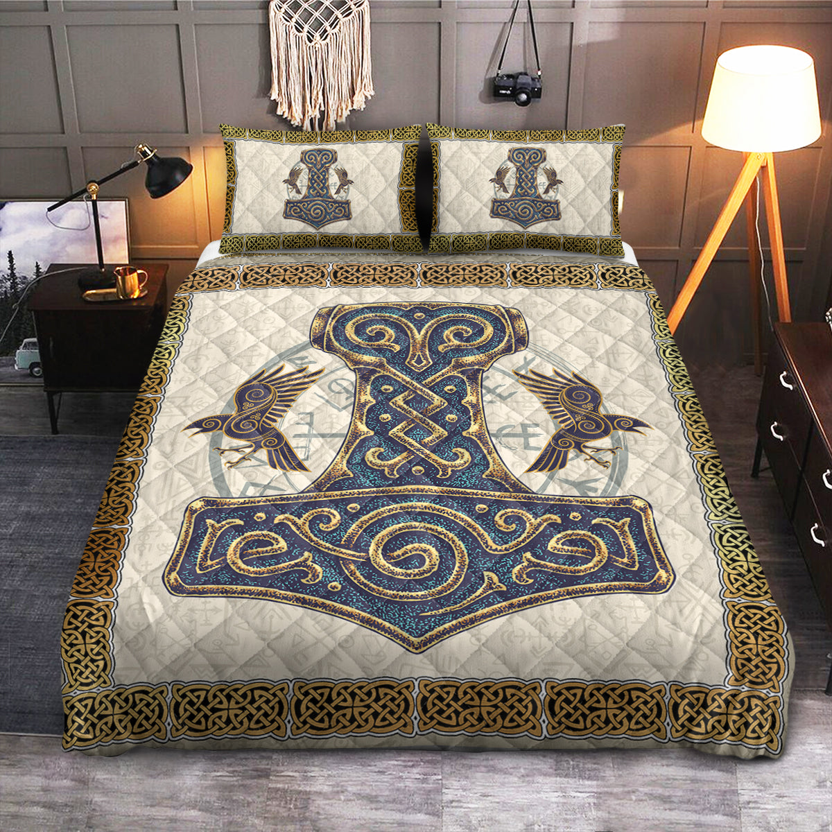 Viking Mjolnir Ravens  Quilt Bedding Set