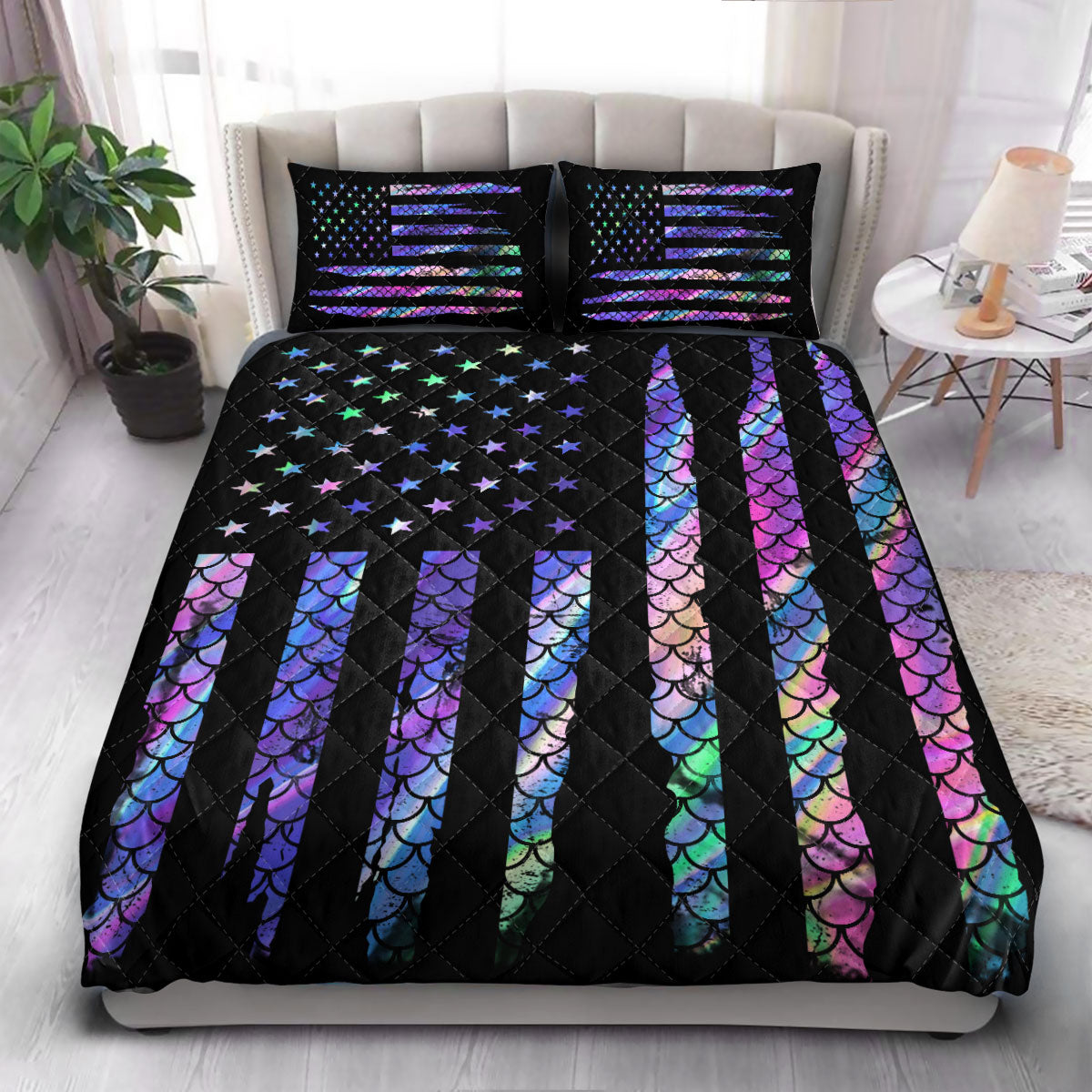 Mermaid American Flag  Quilt Bedding Set