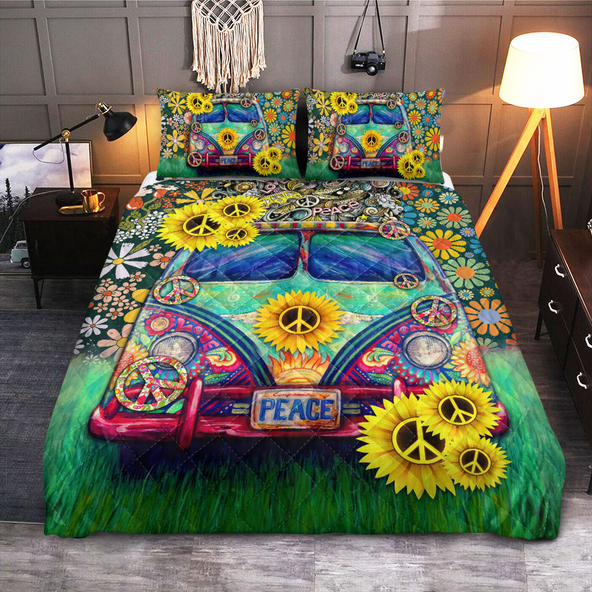 Hippie Van Sunflower  Quilt Bedding Set