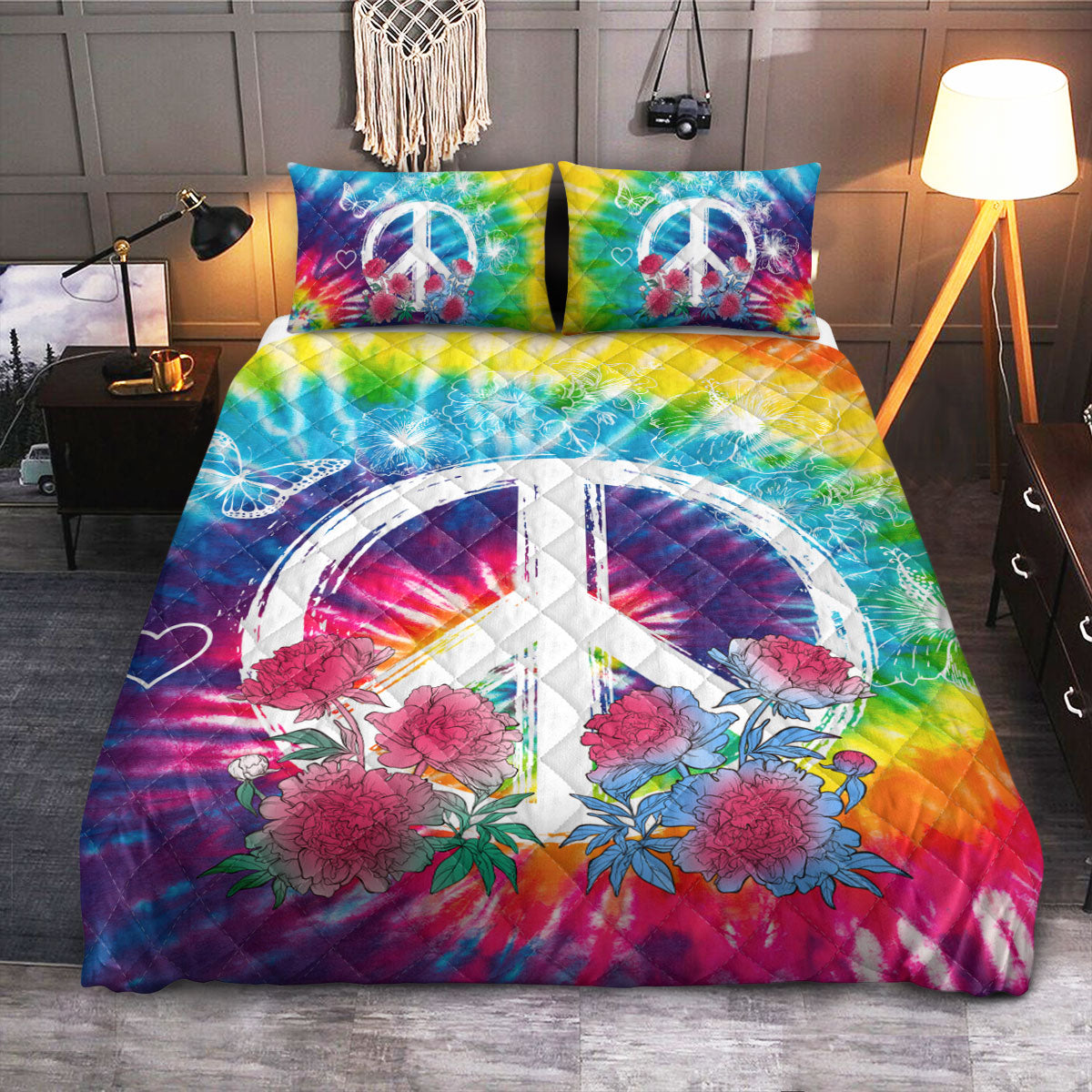 Hippie Symbol Tie Dye  Quilt Bedding Set