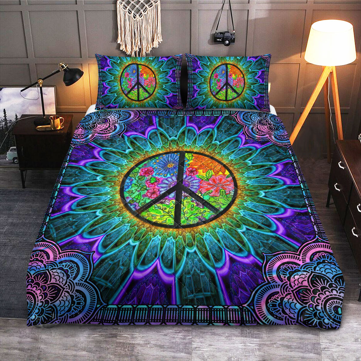 Hippie Symbol Abstract Art  Quilt Bedding Set