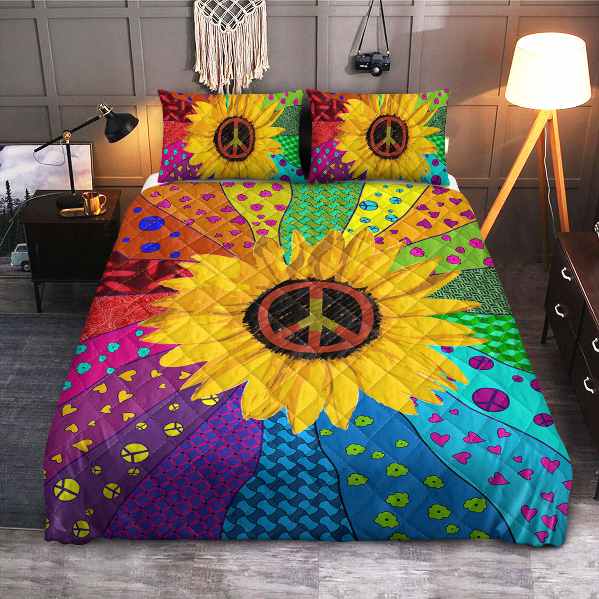 Hippie Sunflower Colorful  Quilt Bedding Set