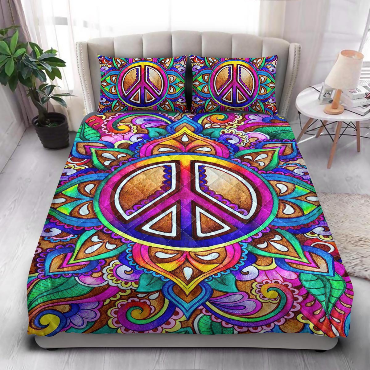 Hippie Colorful Symbol  Quilt Bedding Set