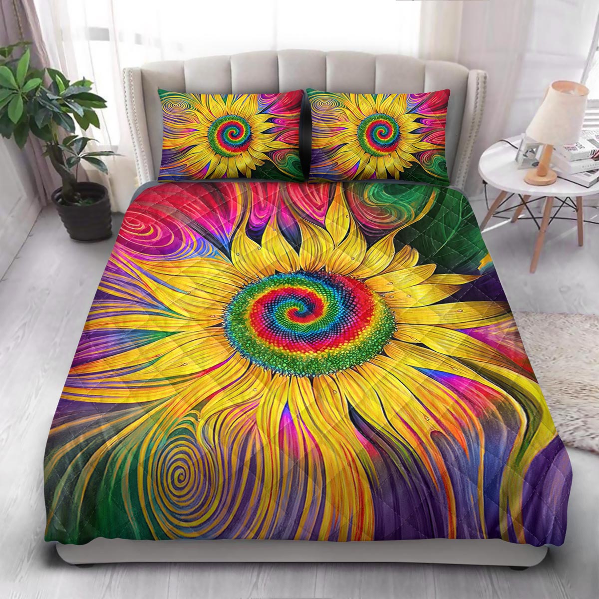 Hippie Colorful Sunflower Tie Dye  Quilt Bedding Set