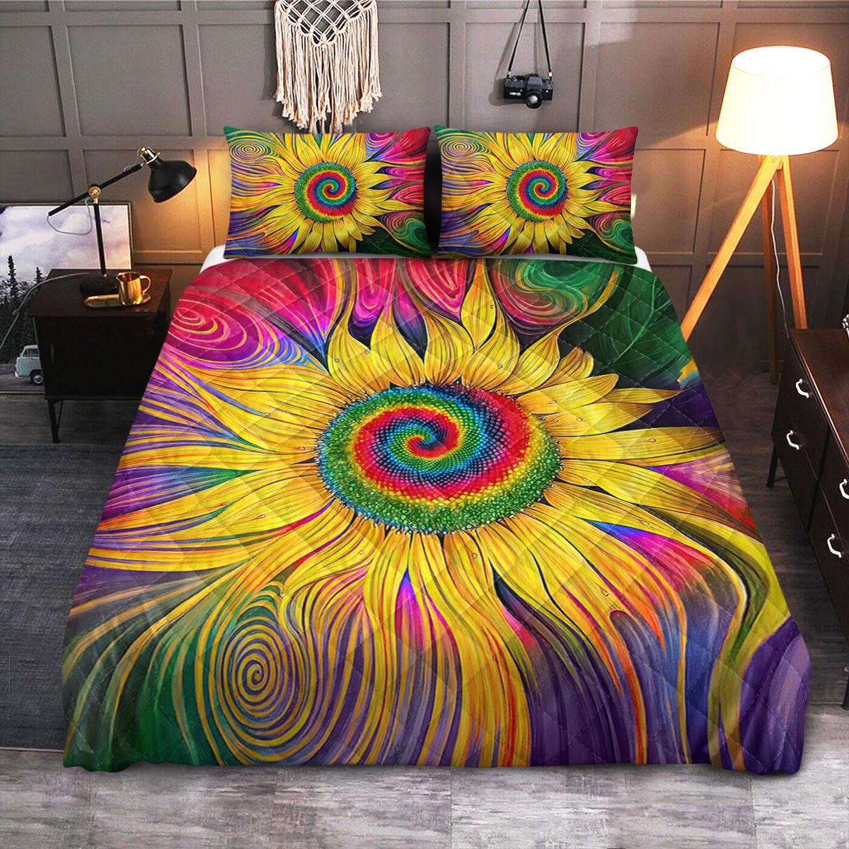 Hippie Colorful Sunflower Tie Dye  Quilt Bedding Set