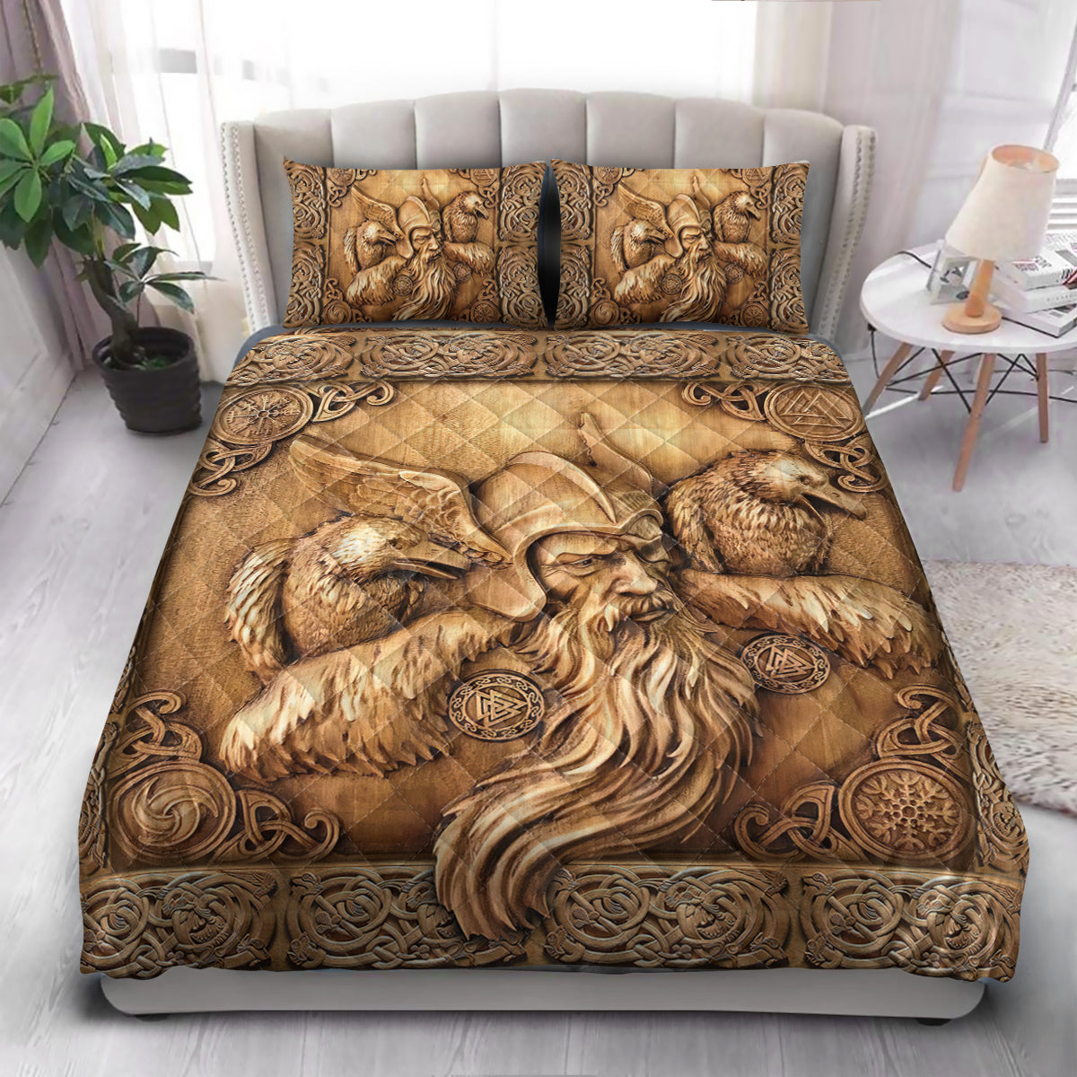 Viking Odin Raven Wood Style  Quilt Bedding Set