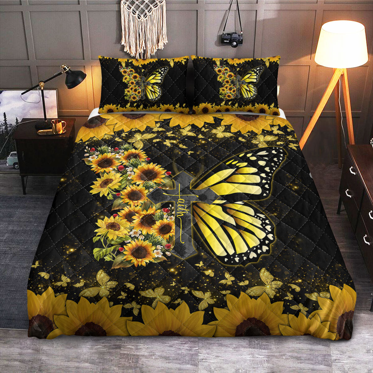 Sunflower Butterfly Faith  Quilt Bedding Set