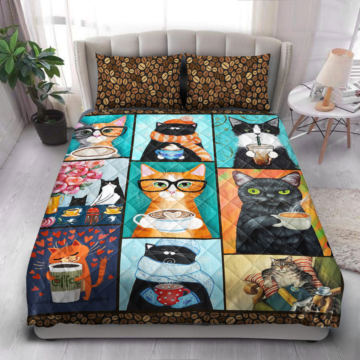 Cat Coffee  Quilt Bedding Set