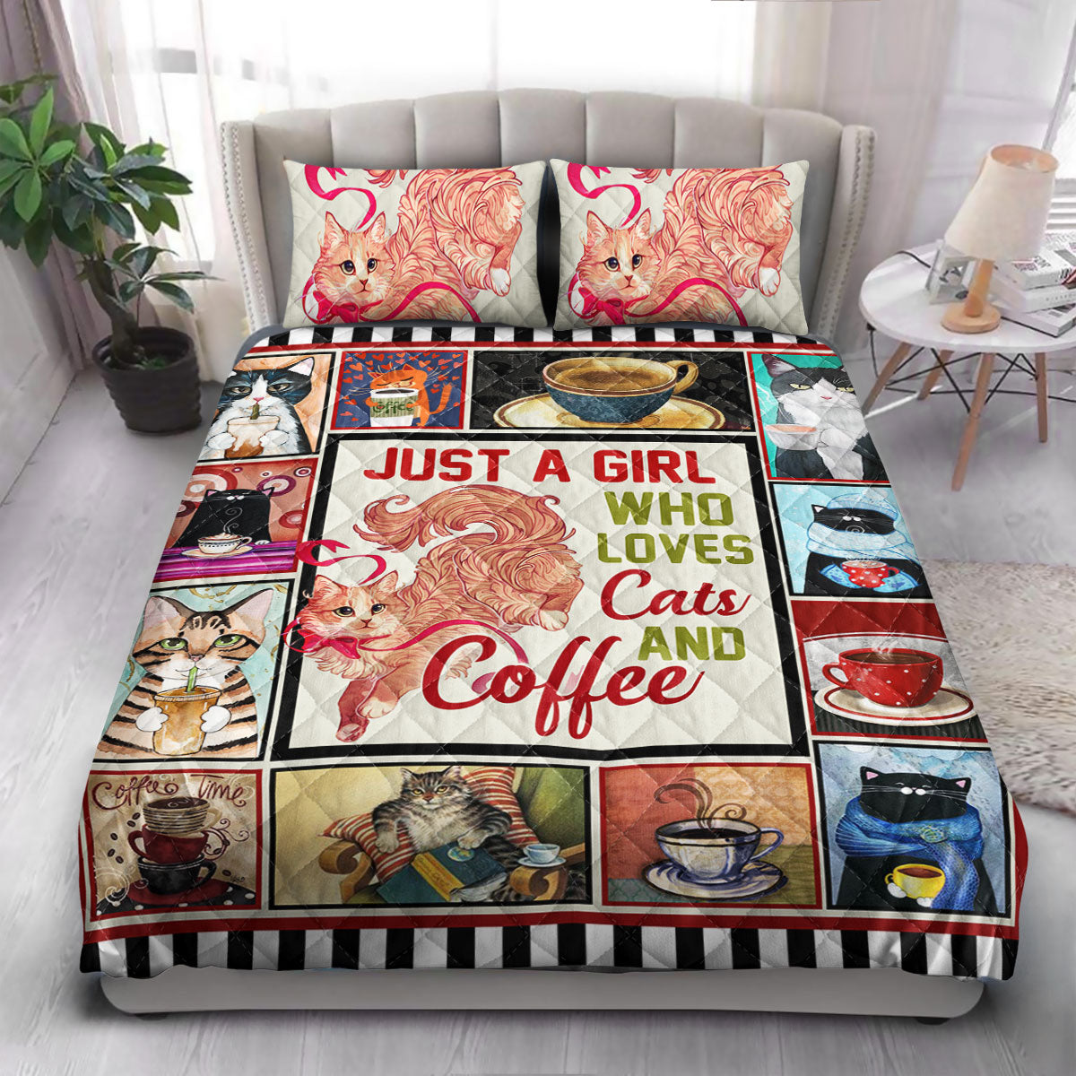 Cat Coffee  Quilt Bedding Set