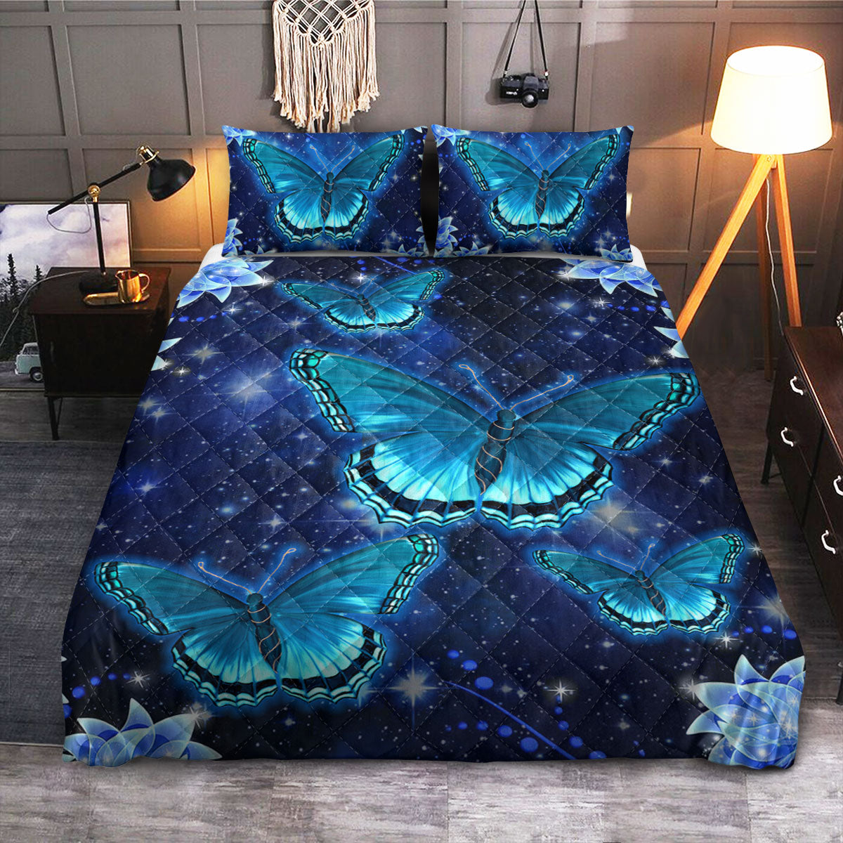 Butterfly Blue Flowers  Quilt Bedding Set