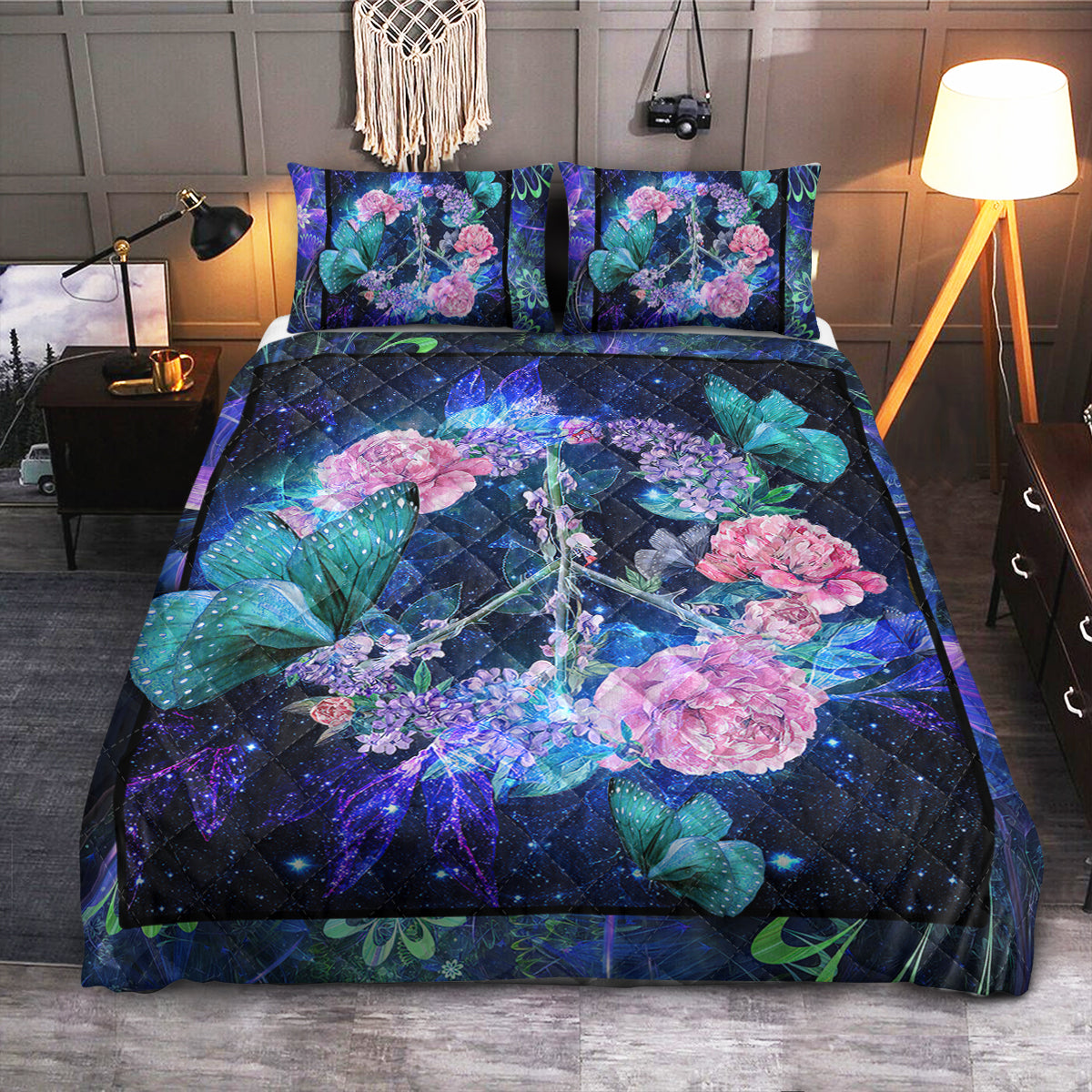 Butterfly Peace Sign Flowers  Quilt Bedding Set