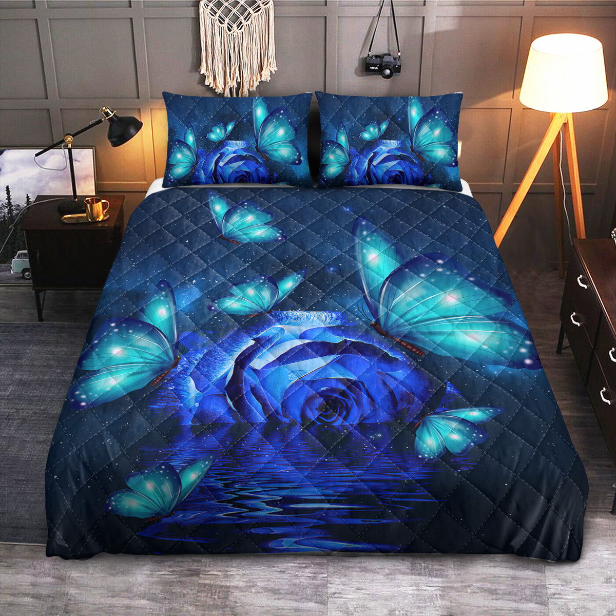 Butterfly Blue Rose  Quilt Bedding Set