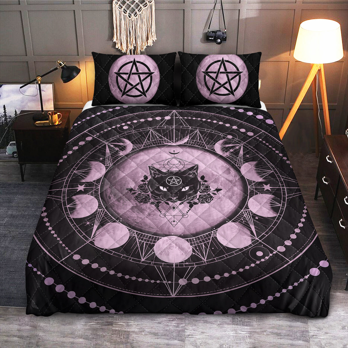 Gothic Black Cat Black Craft Full Moon Witch  Quilt Bedding Set