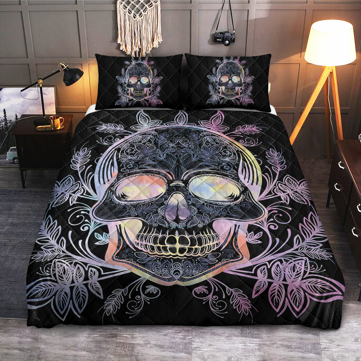 Gothic Skull Hologram Style  Quilt Bedding Set
