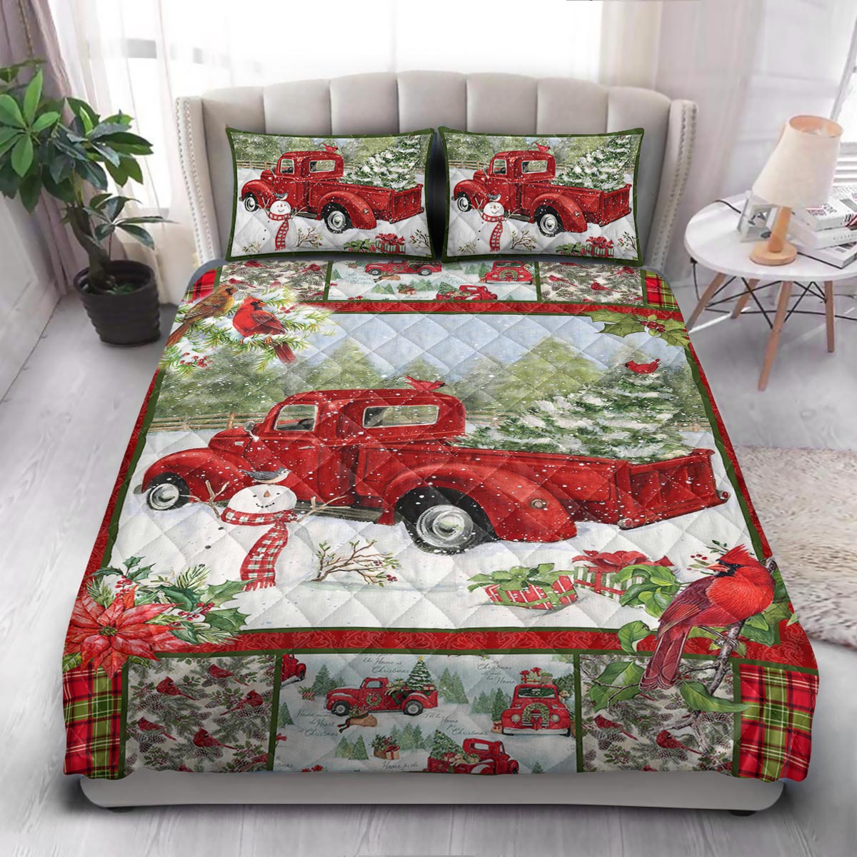 Cardinal Red Truck Christmas  Quilt Bedding Set