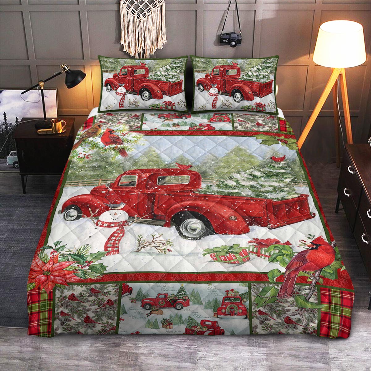 Cardinal Red Truck Christmas  Quilt Bedding Set