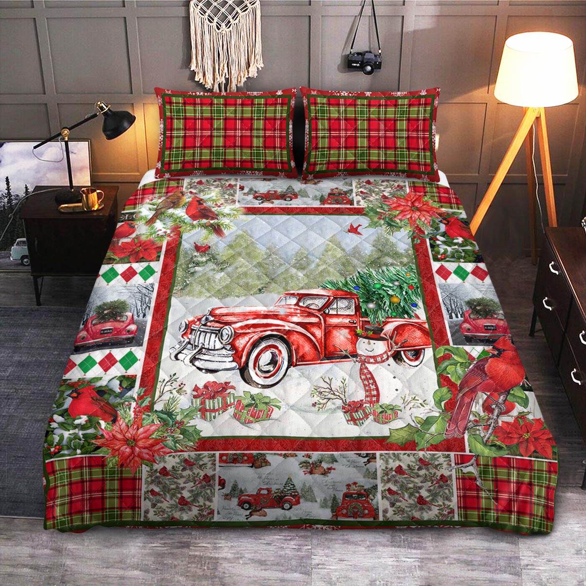 Cardinal Christmas Red Truck  Quilt Bedding Set