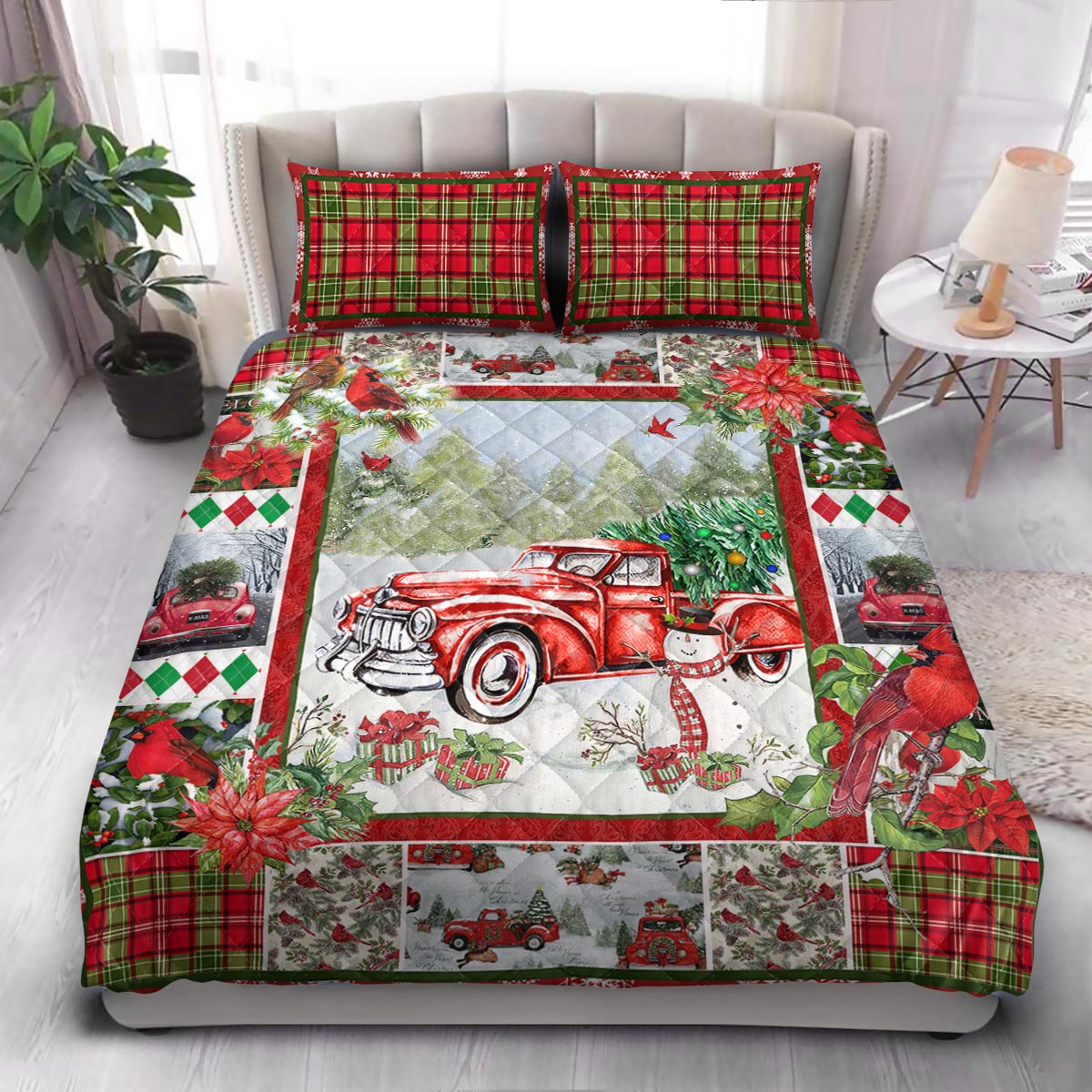 Cardinal Christmas Red Truck  Quilt Bedding Set