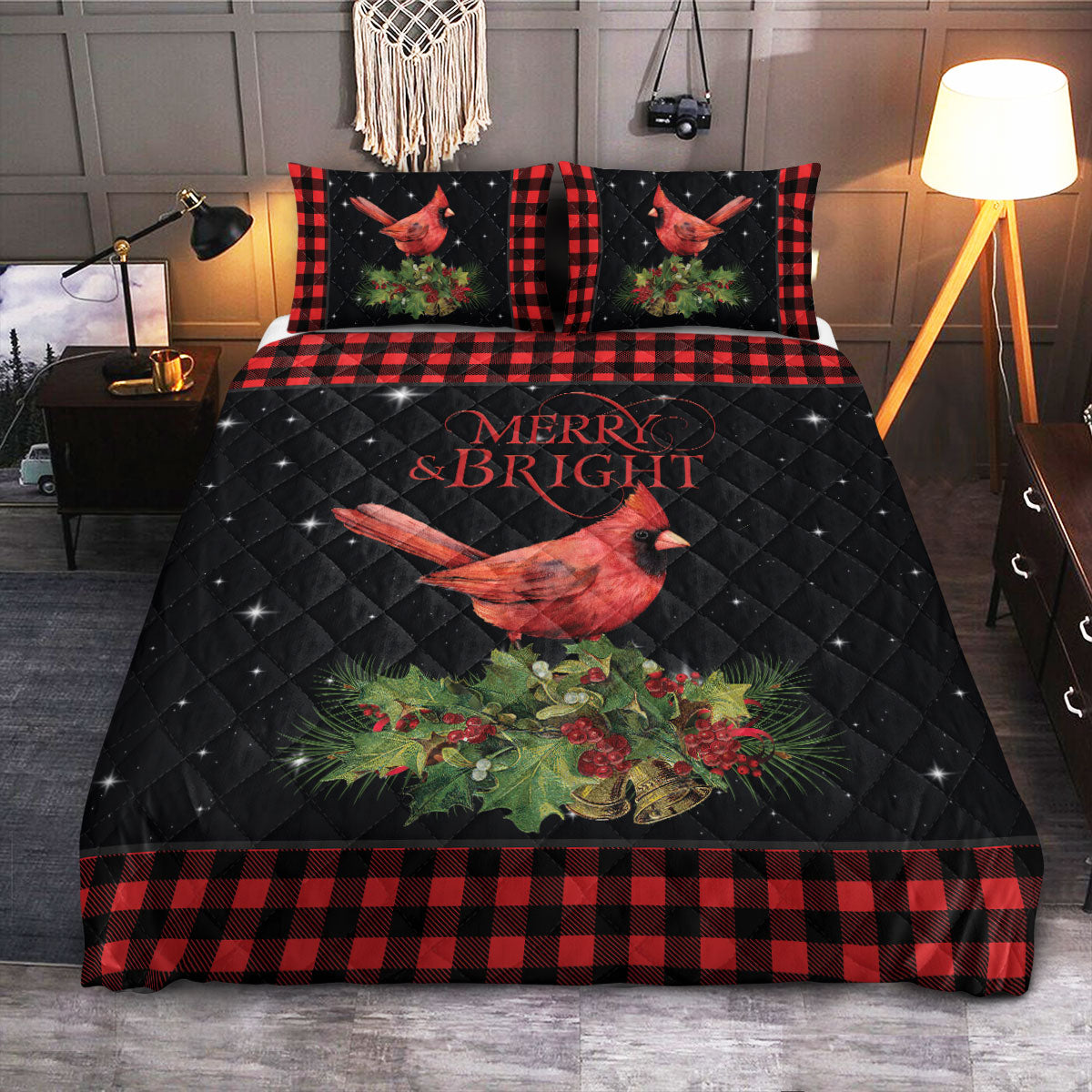 Cardinal Tartan Merry Christmas  Quilt Bedding Set