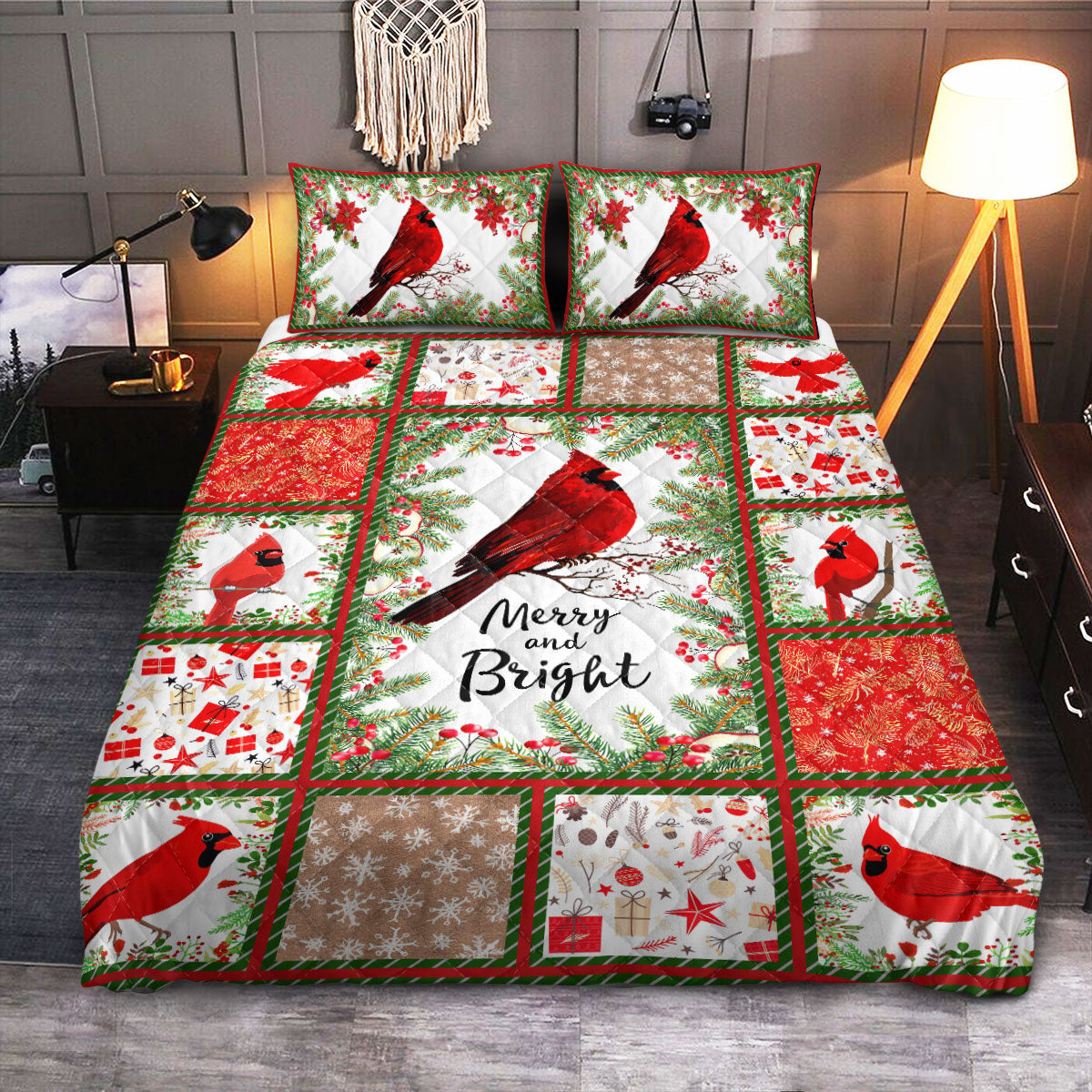 Cardinal Christmas Merry And Bright  Quilt Bedding Set