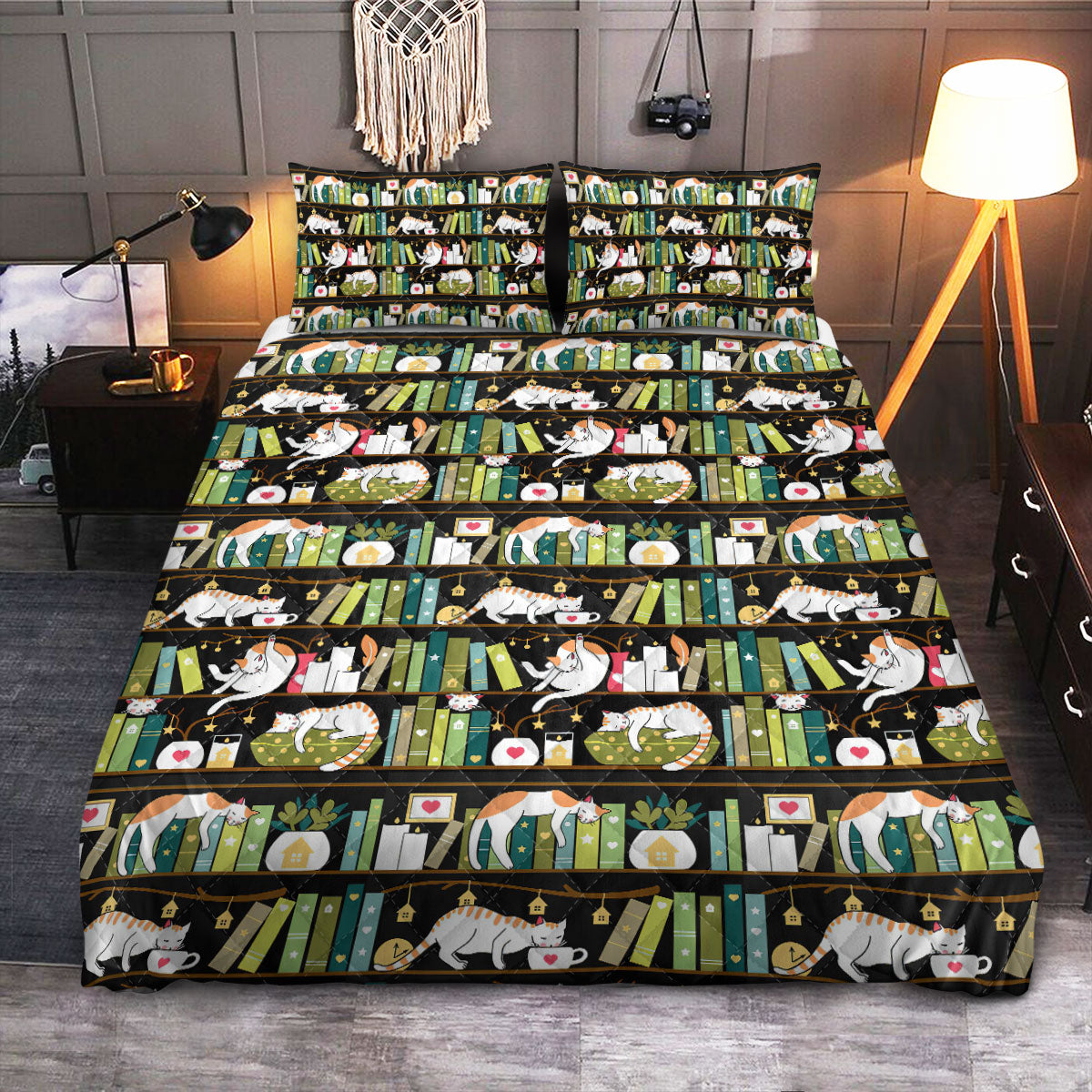 Book Cat Pattern  Quilt Bedding Set