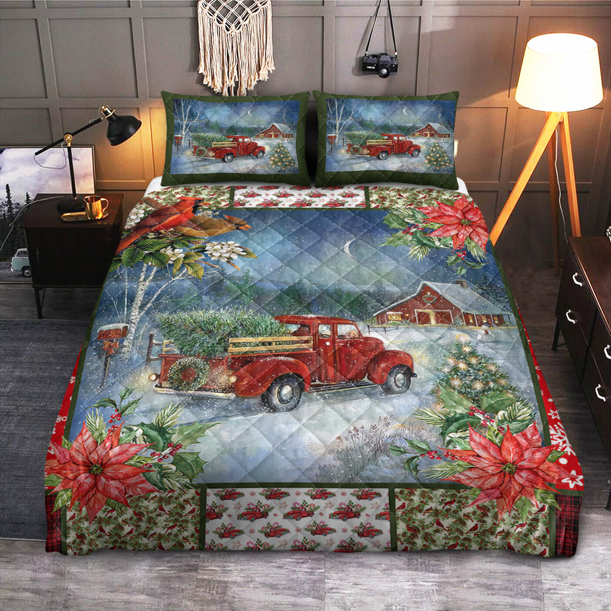 Cardinal Christmas Red Truck  Quilt Bedding Set
