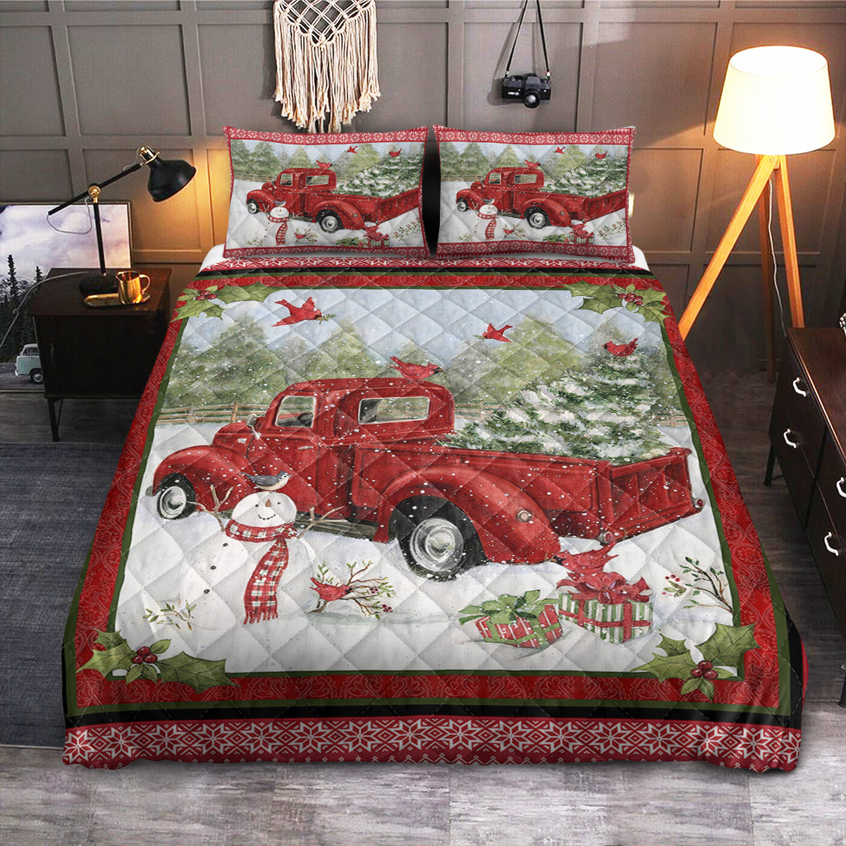 Cardinal Red Truck  Quilt Bedding Set