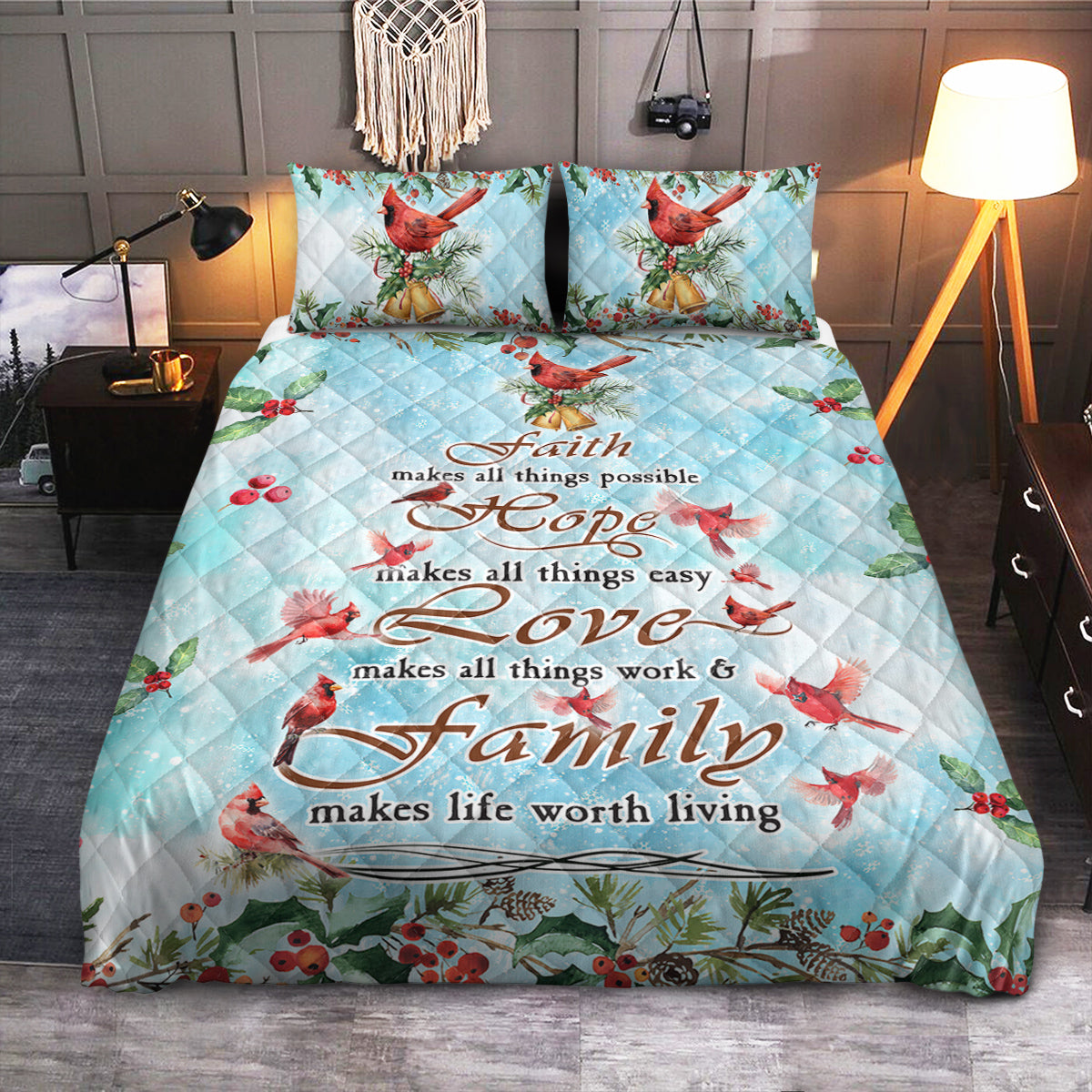 Cardinal Faith Hope Love Family  Quilt Bedding Set