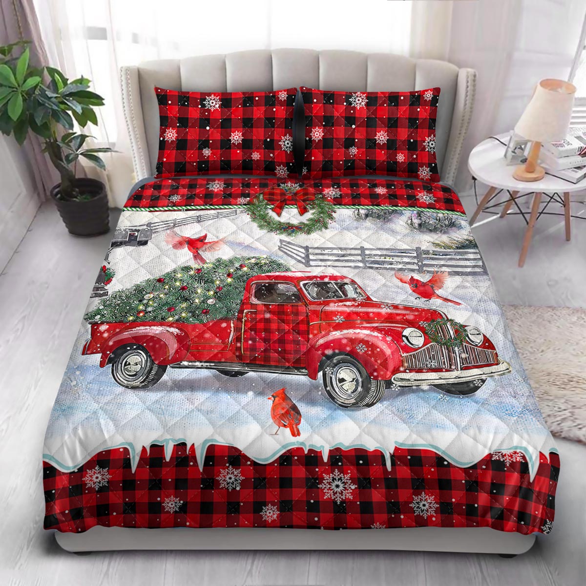 Cardinal Christmas Tartan Red Truck  Quilt Bedding Set