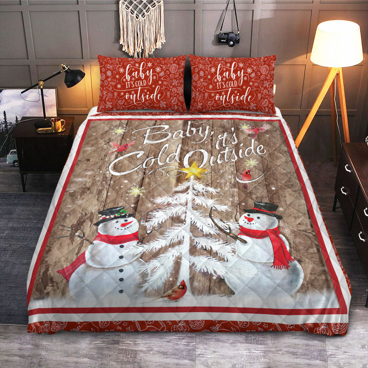 Cardinal Christmas Snowman  Quilt Bedding Set