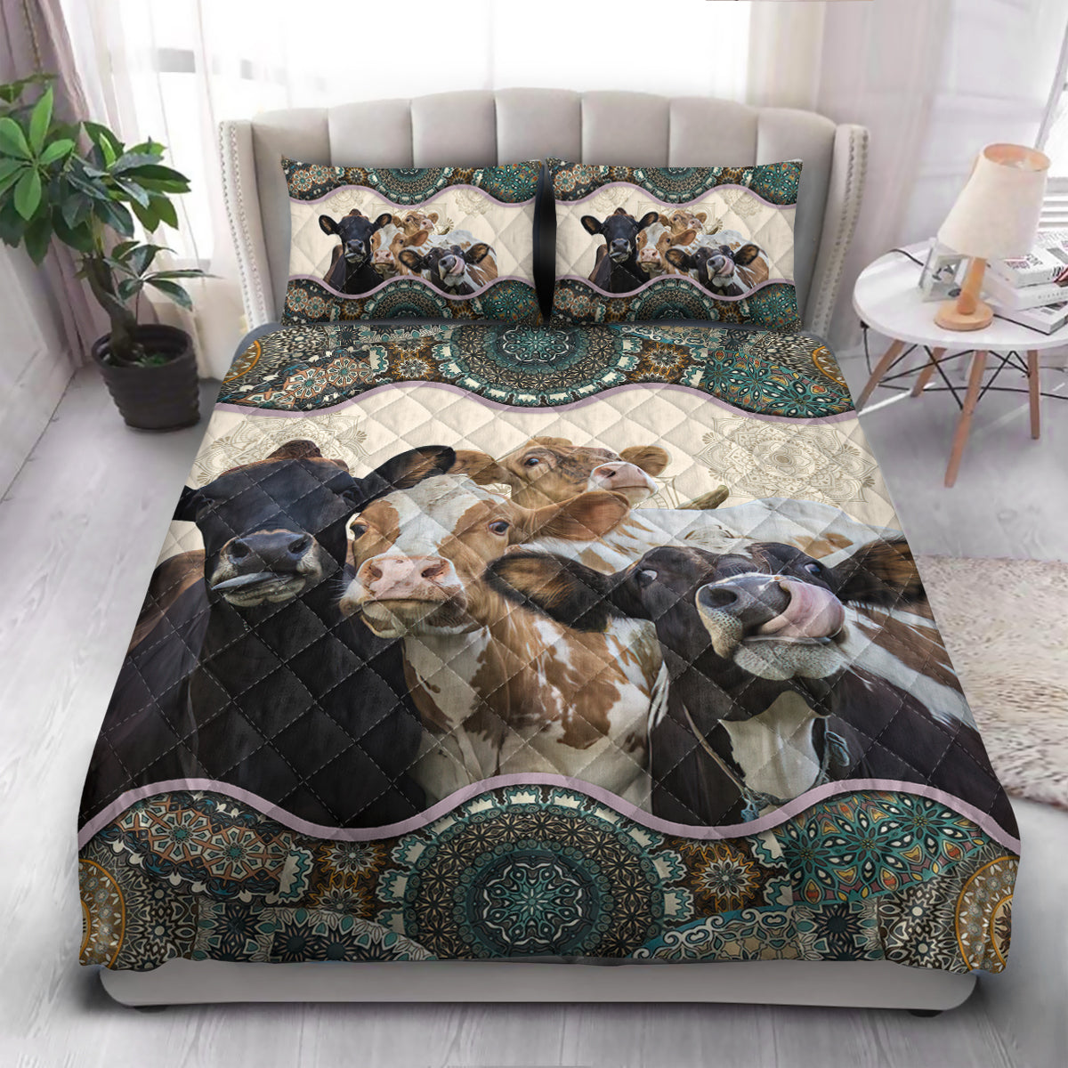 Farm Cow Mandala Style  Quilt Bedding Set