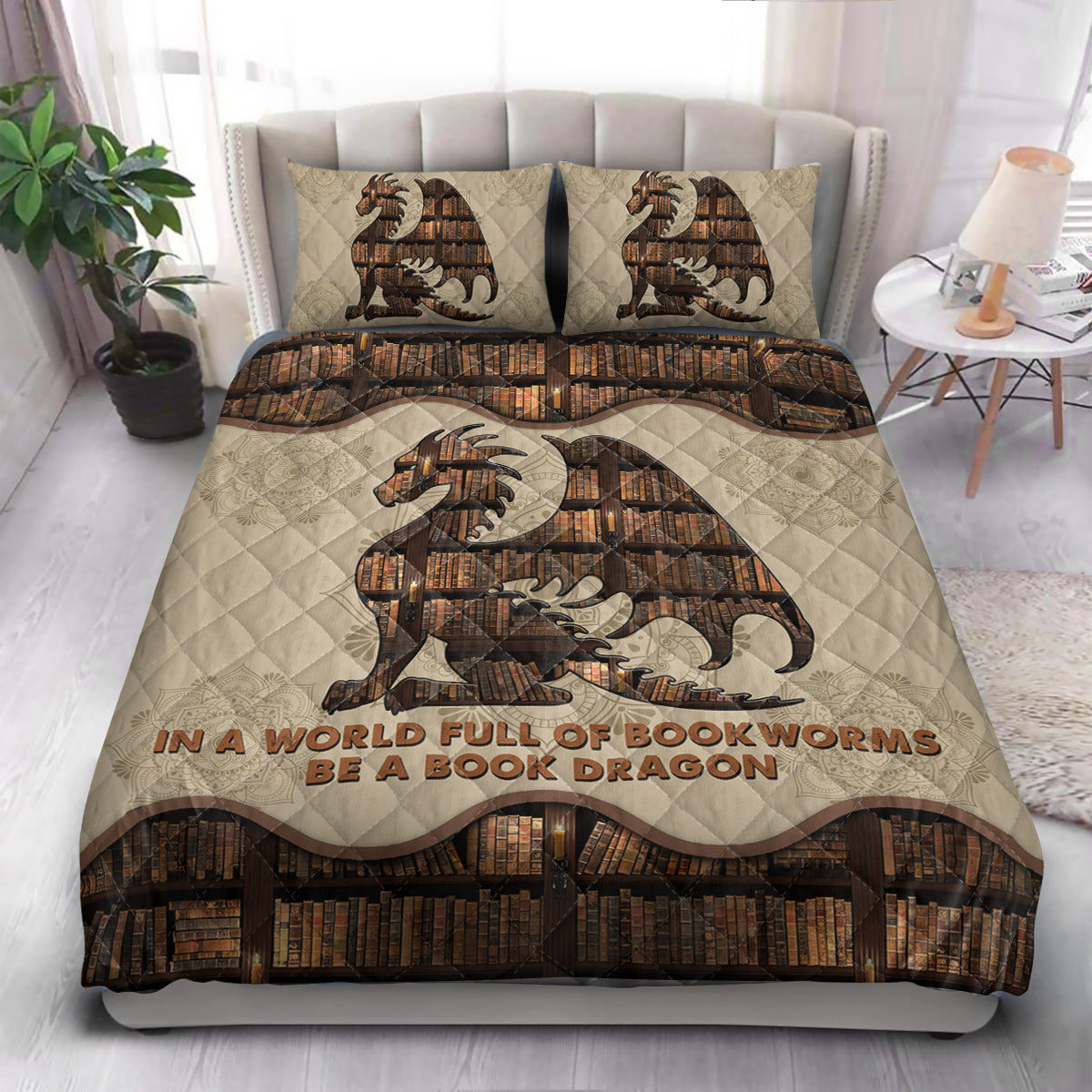Book Lover Dragon Mandala Style  Quilt Bedding Set