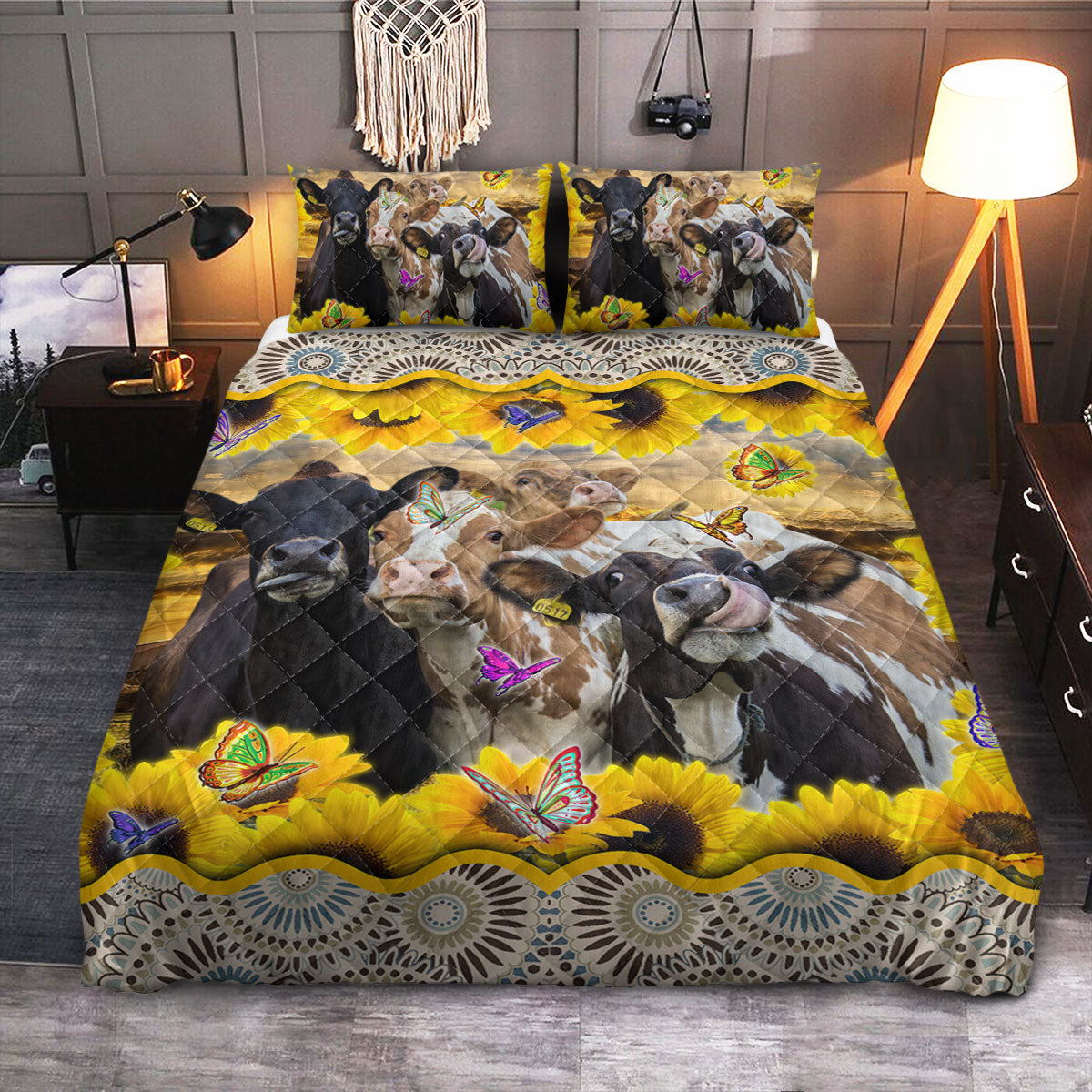 Farm Cow Sunflowers  Quilt Bedding Set