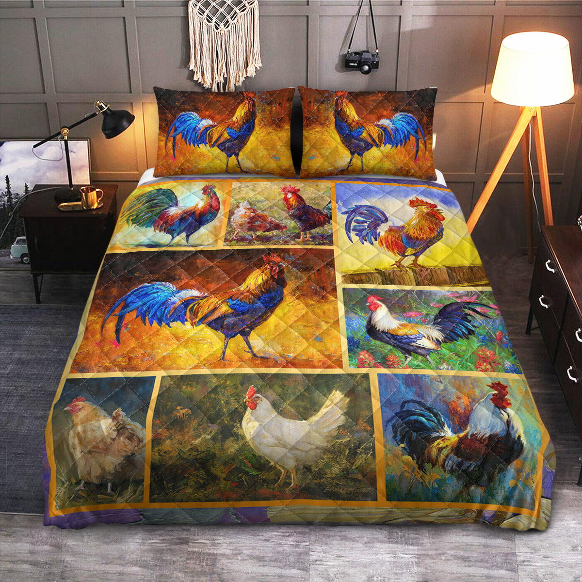 Farm Chicken Watercolor Style  Quilt Bedding Set