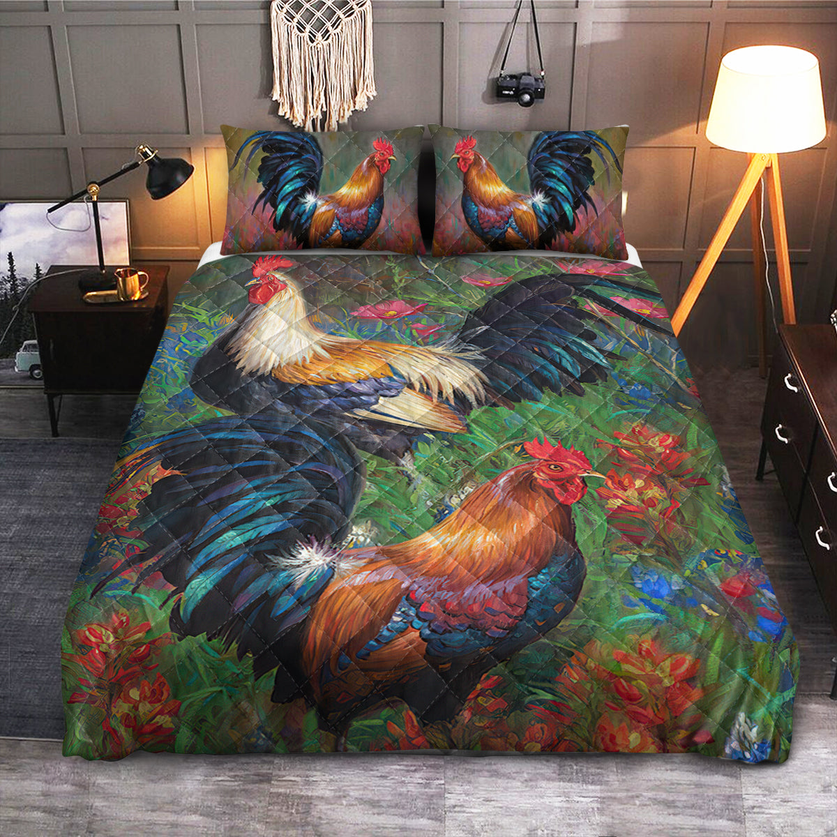 Farm Chicken Rooster Couple  Quilt Bedding Set