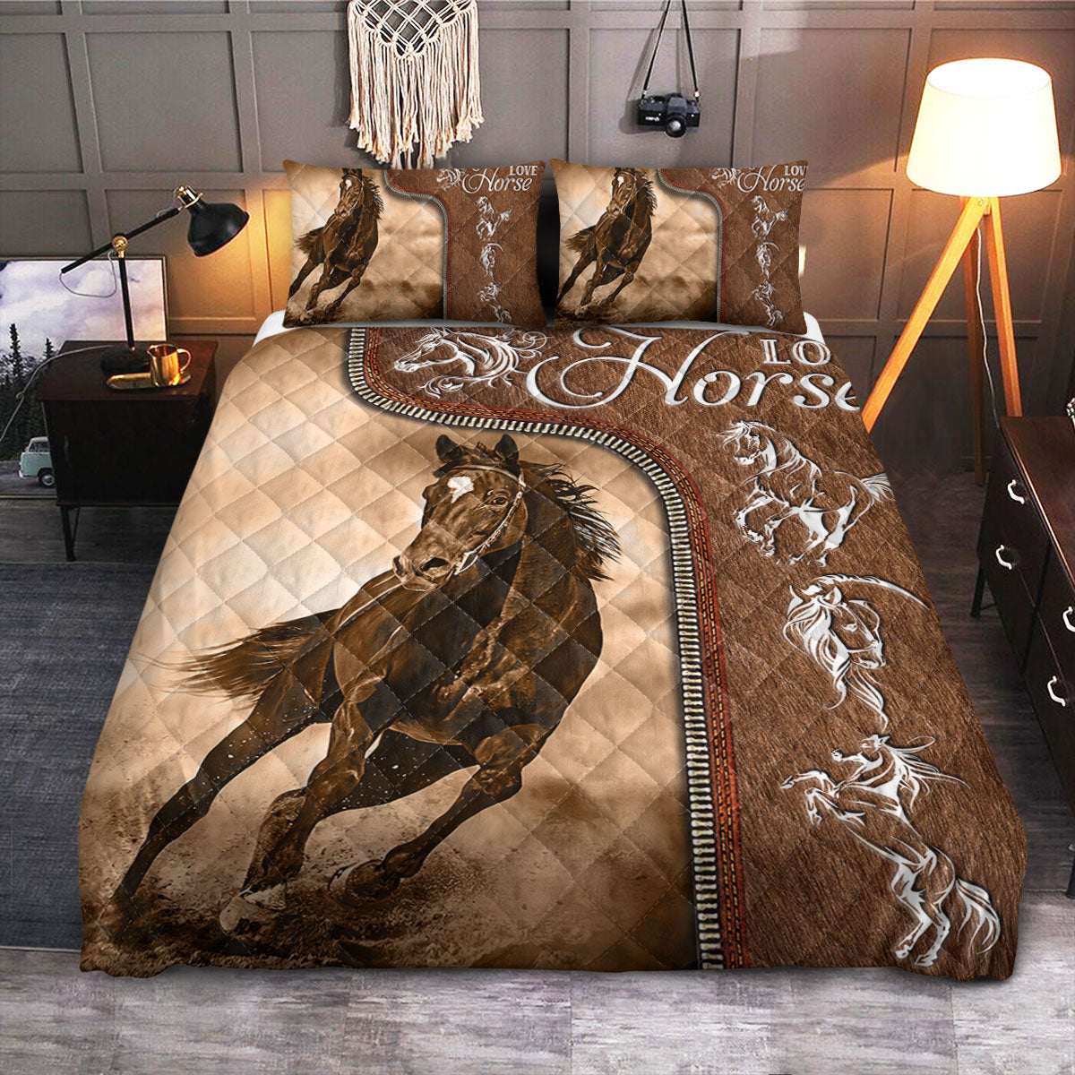 Farm Horse Lover Leather Style  Quilt Bedding Set