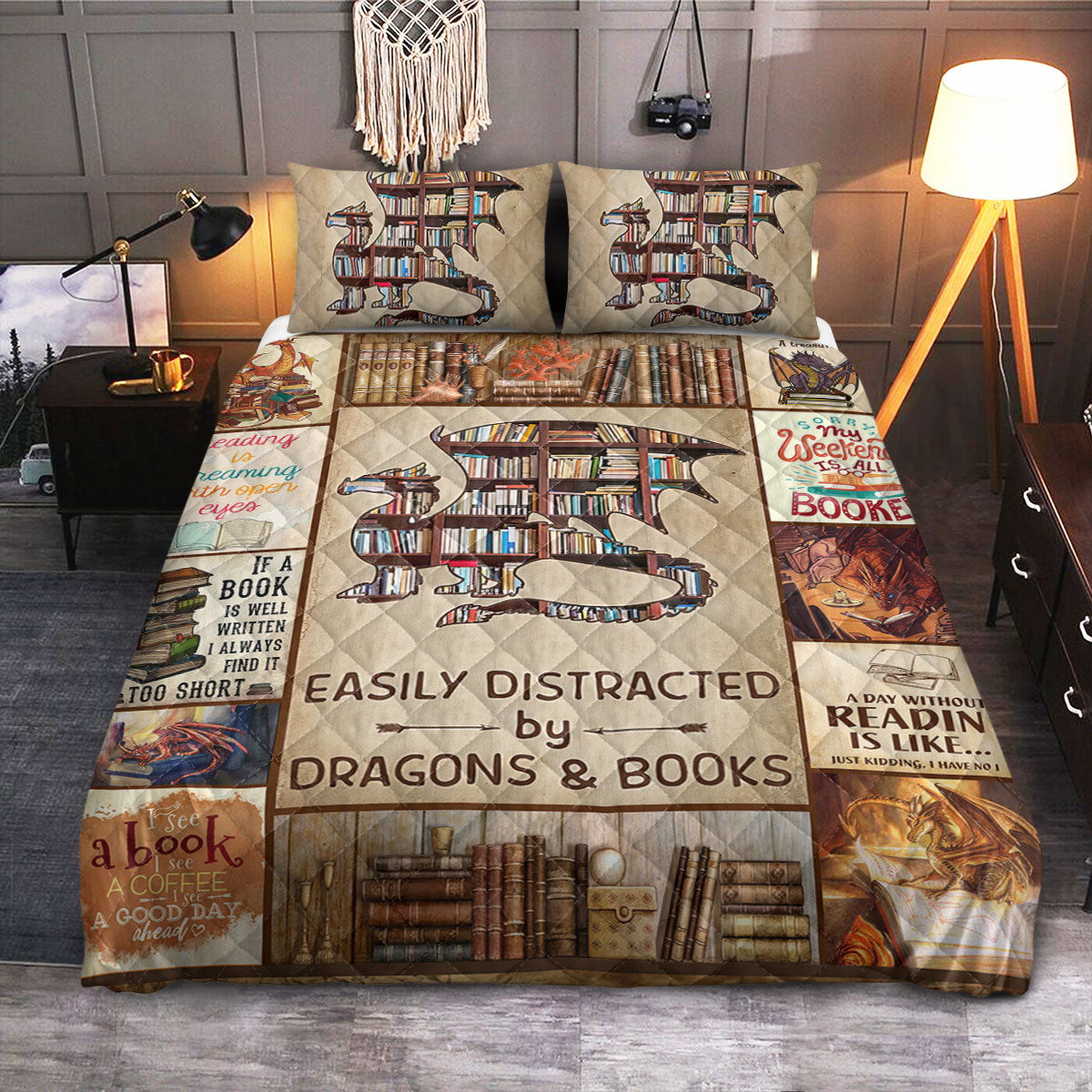 Book Lover Dragon  Quilt Bedding Set