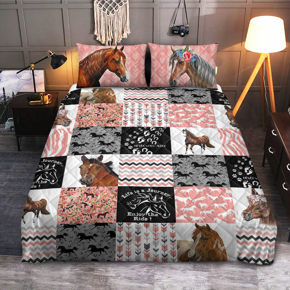 Horse Couple Pink Pattern  Quilt Bedding Set