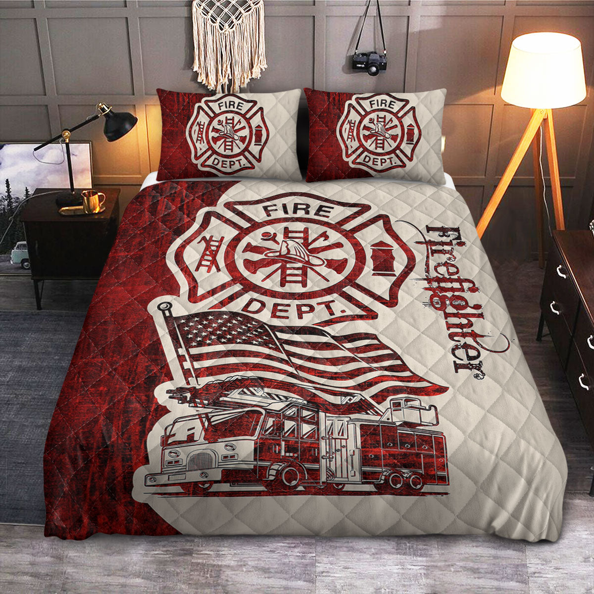 Firefighter Truck America  Quilt Bedding Set