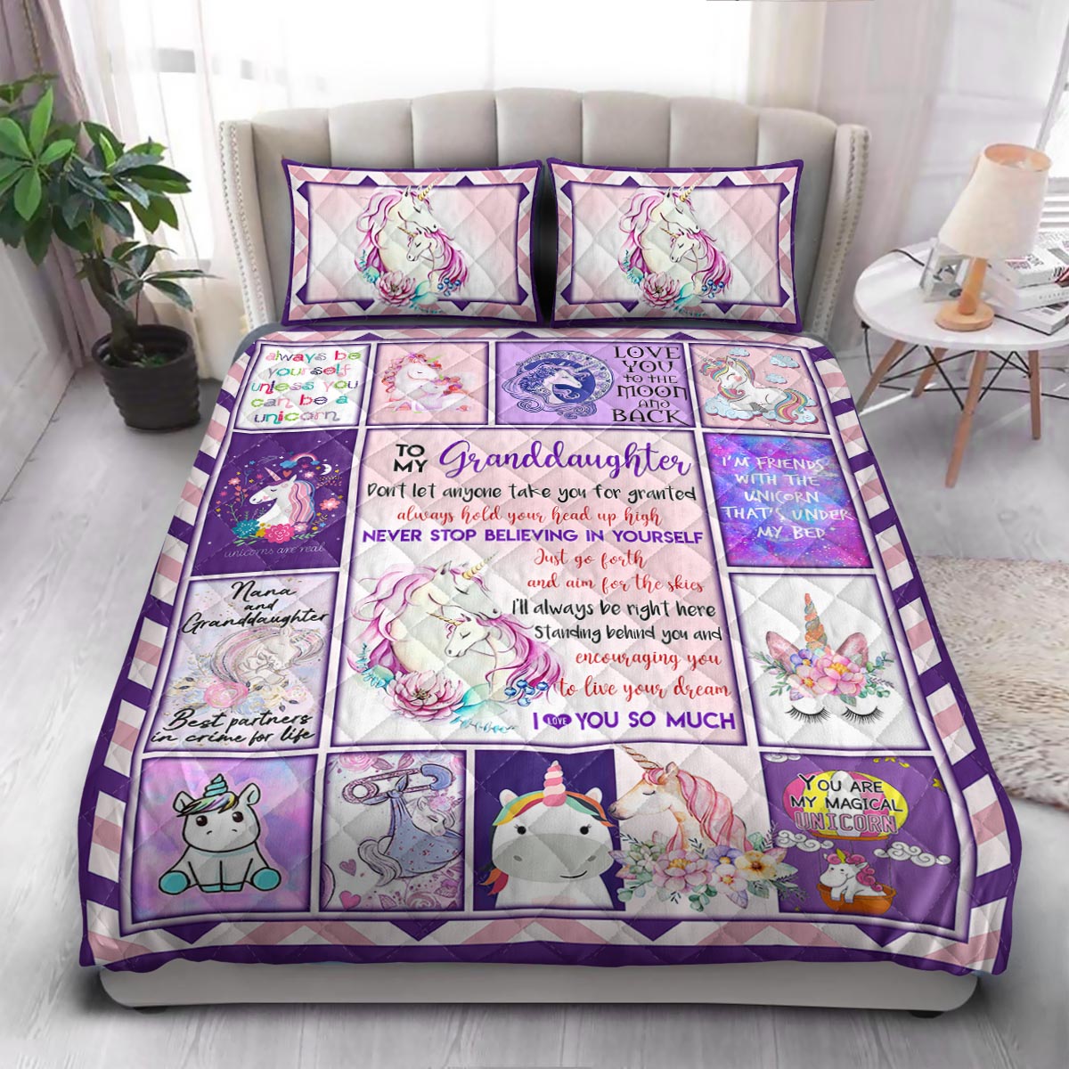 Unicorn For Granddaughter Purple Theme  Quilt Bedding Set