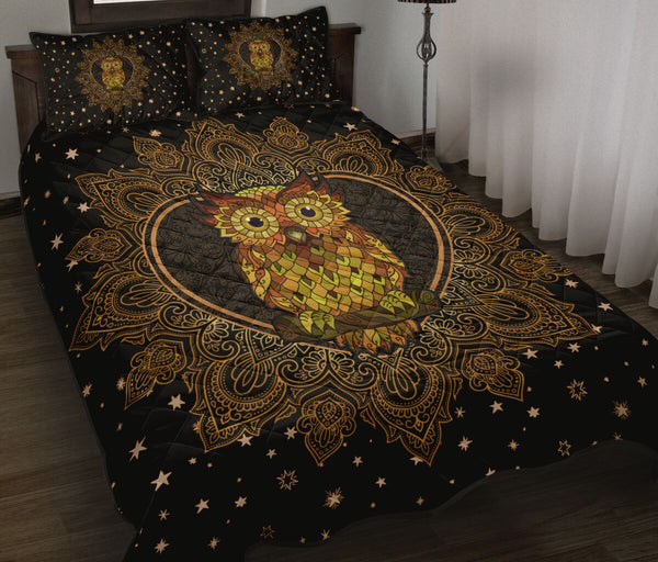 Owl Mandala Gold Art Style Quilt Bed Set- Love Quilt Bedding Set