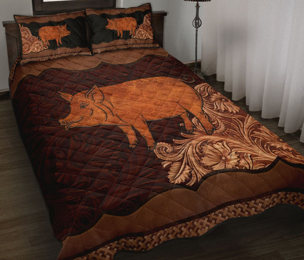 Pig Farm Carving Leather Skin Style Quilt Bed Set - Love Quilt Bedding Set